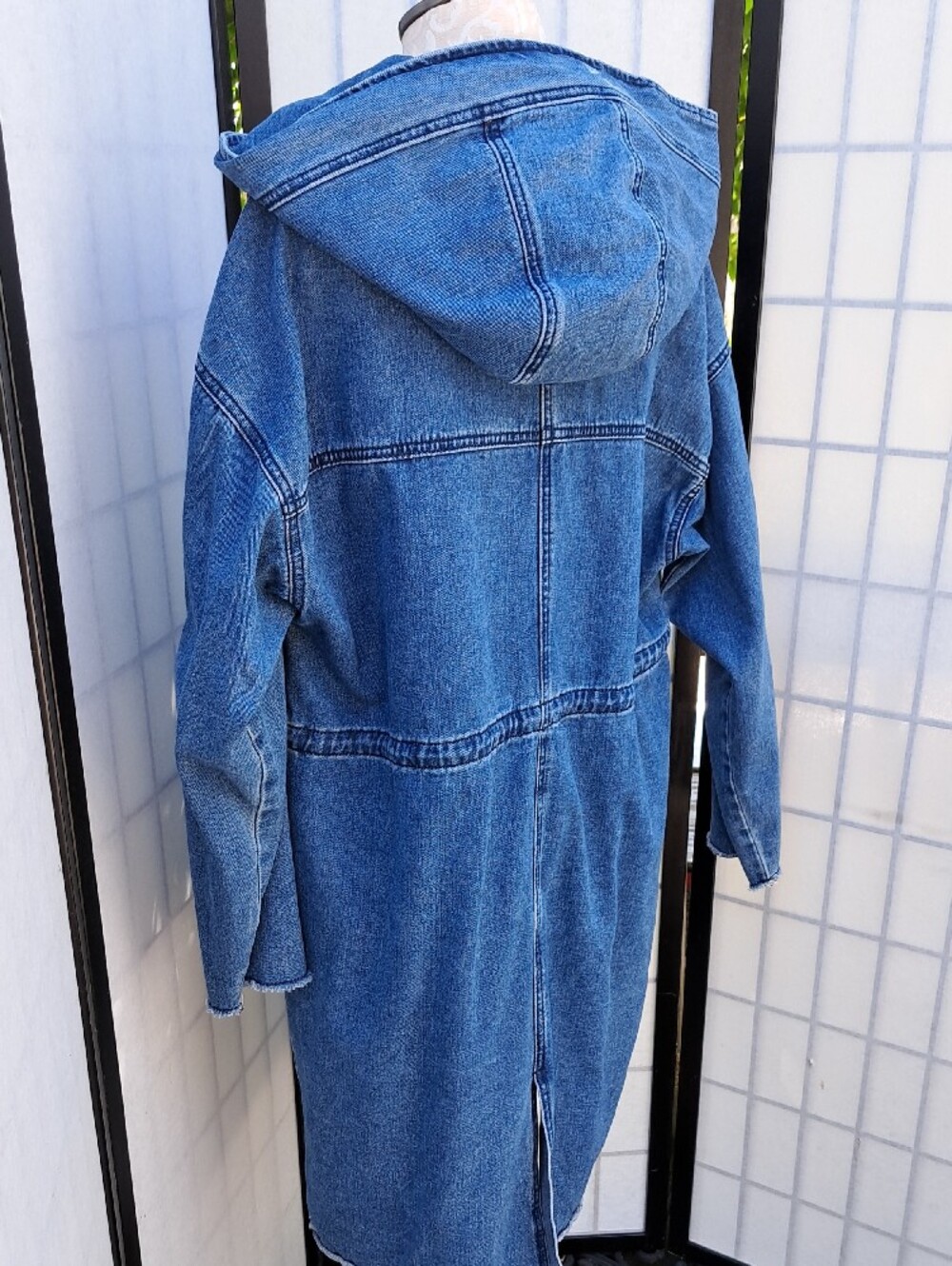 Forever 21 Womens Blue Denim Jean Hooded Long Jacket Size L - Picture 9 of 12